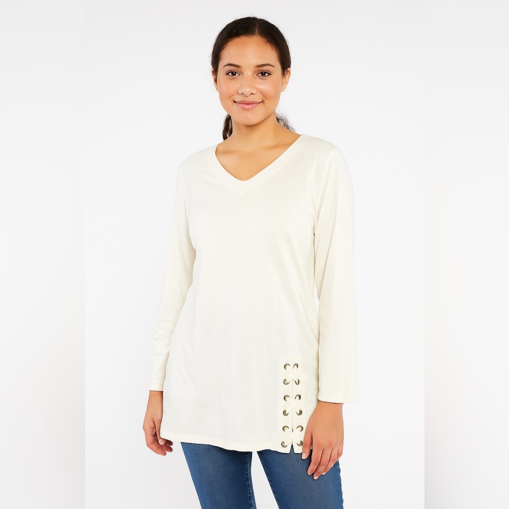 Chico's Lace Up Detail 3/4 Sleeve Pullover Sweater Tunic Gold Hardware Size 0 /S